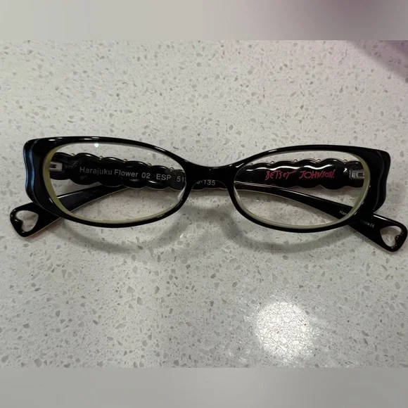 Betsey Johnson Harajuku Flower Eyeglass Frames β Black & Green Cat Eye with case - Picture 1 of 11